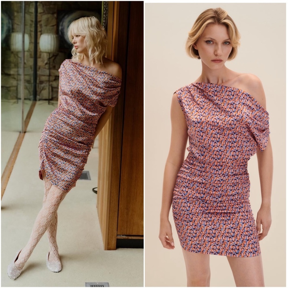 NWT WOLF & BADGER Psychedelic Print Satin‎ Ruched Draped Off Shoulder Dress XS